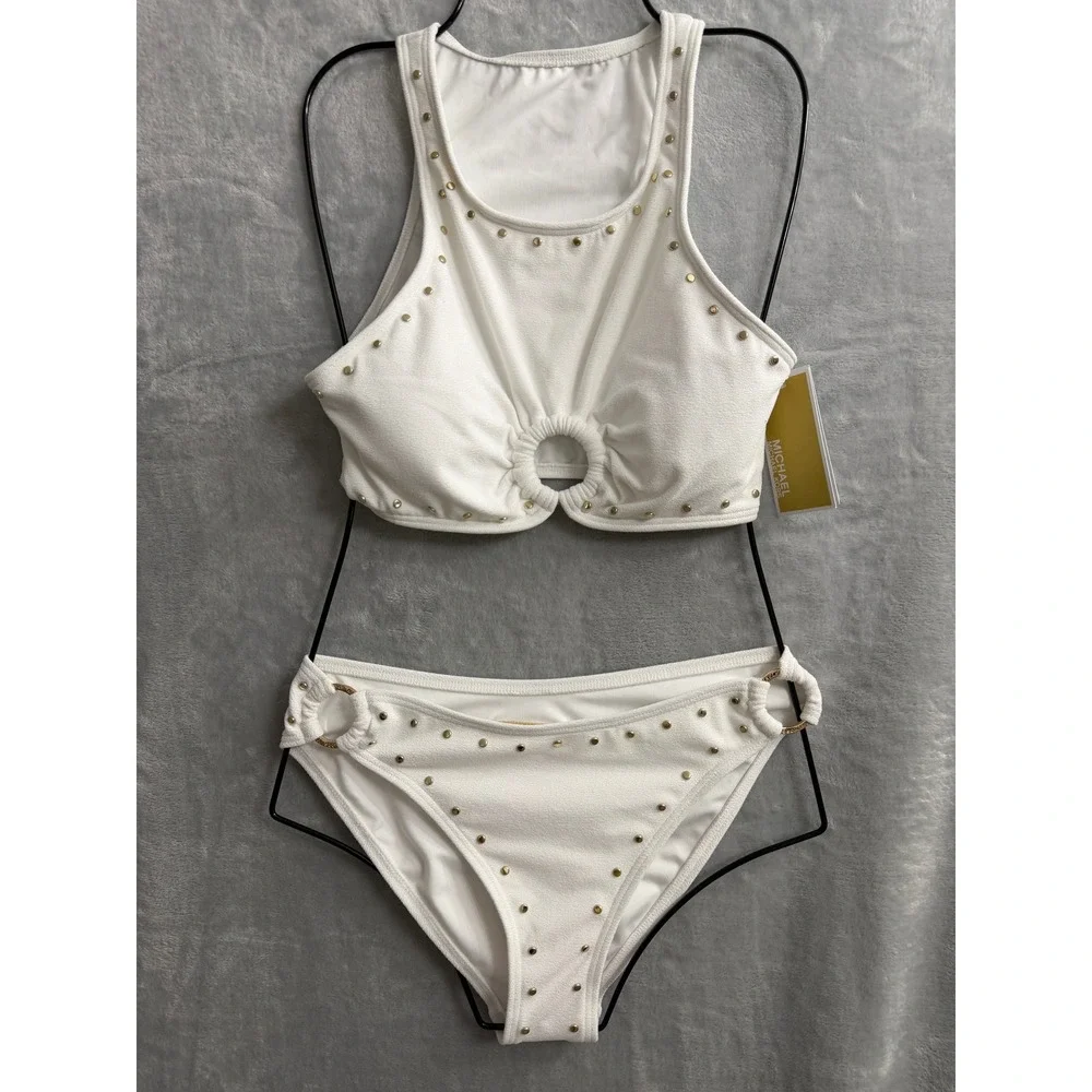 Michael Kors Women's Crepe Front Ring Studded Bikini Two Piece Sz S  $186
